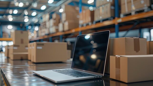 Laptop on a table in a warehouse. The image is ideal for showing the concept of online ordering and e-commerce.