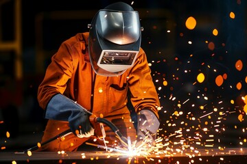 Male welder at work, welding metal close-up. Welding machine. Construction, industry. Connection of metal structures