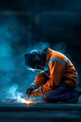 Male welder at work on a plain background with copy space. Welding machine. Construction, industry. Connection of metal structures