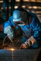 Male welder at work, welding metal. Welding machine. Construction, industry. Connection of metal structures