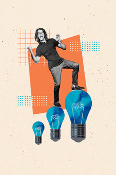 Composite trend artwork sketch image photo collage of workspace young guy business win success walk step idea lamp bulb inspiration