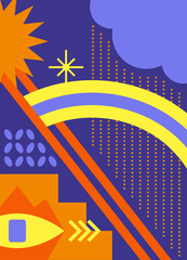 Abstract poster in groove style. A set of geometric shapes. Poster with elements in geometric style, such as rainbow, cloud, rain, stars.