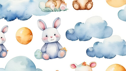 Seamlesss pattern with cartoon clouds, magic baby bear bunny toys and cow. Watercolor hand drawn illustration with white background