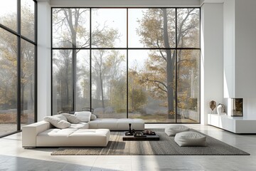 Modern Living Room with Large Windows and Neutral Colors: A minimalist living room mockup with large windows and neutral colors.
