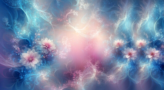 ethereal dreamy flowers with mystic soft fractal pattern in pastel pink and blue colors, romantic floral background