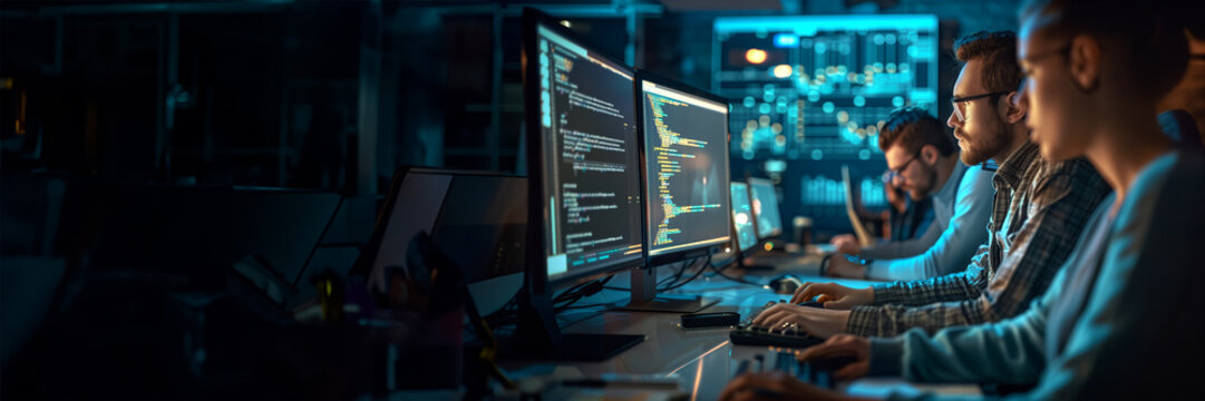 Team of young professional start-up business developpers, programmers and coders, working and coding with computers with many screens