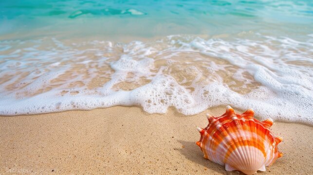 Colorful seashell on sandy beach with turquoise ocean Summer scene