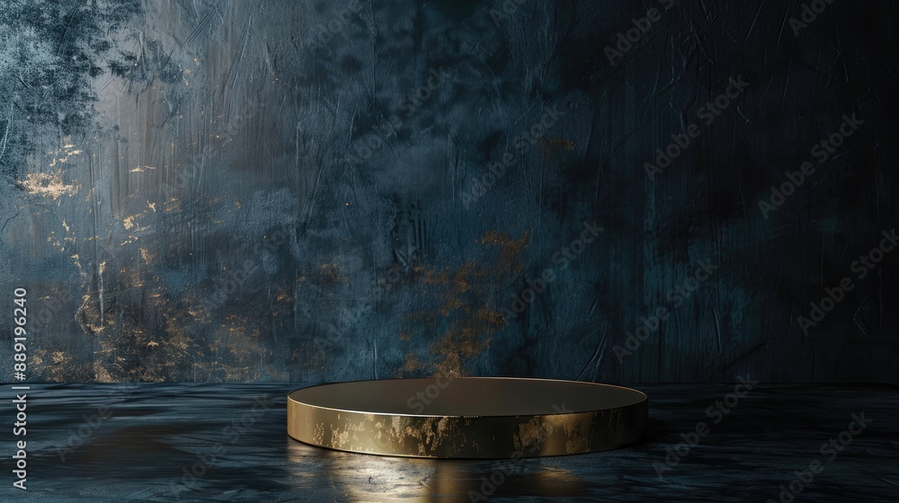Poster a dark blue textured background with a golden podium. this image is perfect for displaying products 