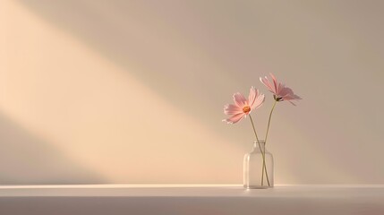Minimalist photograph of two pink flowers in a glass vase captured in soft, natural light with a beige background, highlighting simplicity and beauty.