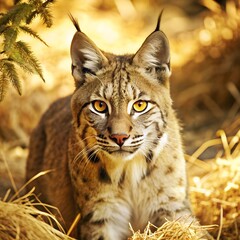 Obraz premium Wild lynx with intense stare in the middle of a golden forest