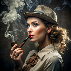 Obraz premium Attractive and beautiful woman smoking a pipe