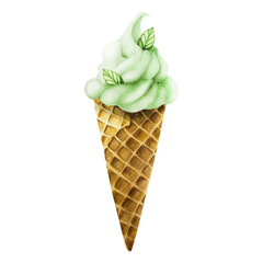 Mint soft ice cream in crispy waffle cone with fresh leaves. Hand painting sweet watercolor illustration isolated on background. For designers, menu, shop, decoration, restaurant, f