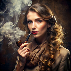 Fototapeta premium Attractive and beautiful woman smoking a pipe