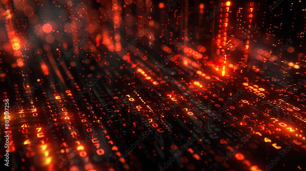 Poster abstract binary code glows red. this photo represents digital technology, data, and the flow of info