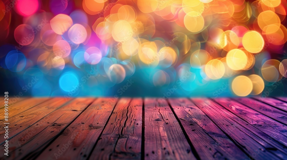 Poster abstract colorful bokeh backdrop with wooden table top
