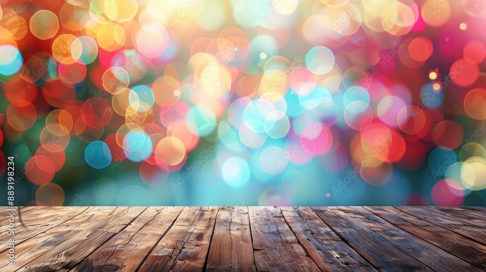 Poster abstract colorful bokeh backdrop with wooden table top