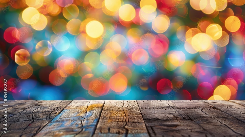 Poster abstract colorful bokeh backdrop with wooden table top