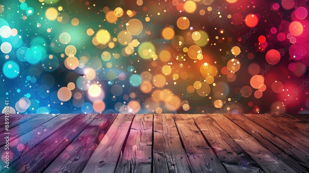 Poster abstract colorful bokeh backdrop with wooden table top