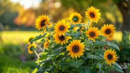 Radiant sunflower bonsai tree with bright yellow blossoms in a sunny field