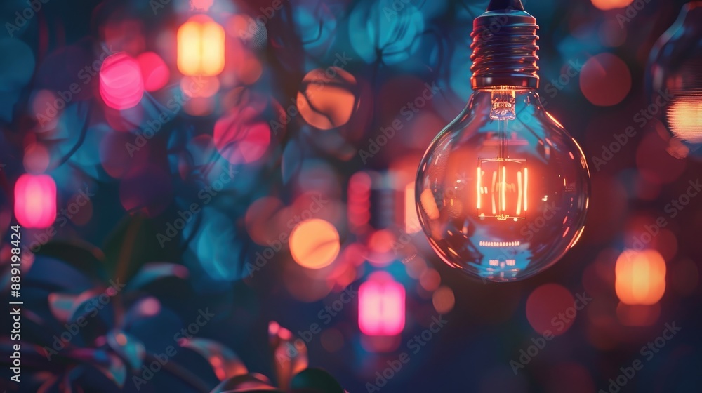 Poster abstract idea symbolized by small multicolor lightbulb s blurred light in dark backdrop