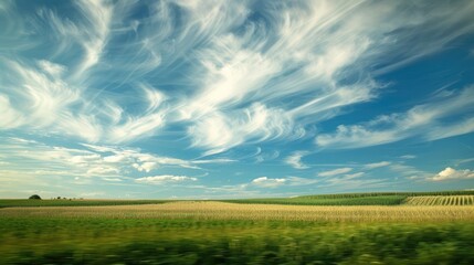 Obraz premium Abstract landscape featuring vibrant sky with white clouds and green cornfield