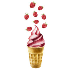 Raspberry soft ice cream with flying berries in crispy waffle cone. Hand painting sweet watercolor illustration isolated on background. For designers, menu, shop, decoration, restaura