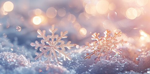 Stunning Close-Up of Snowflakes with Magical Christmas Lights Bokeh