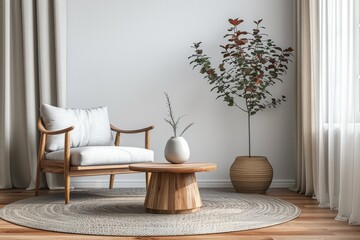 Living Room with Minimalist Coffee Table and Modern Rug: A minimalist living room mockup with a simple coffee table and a modern rug.