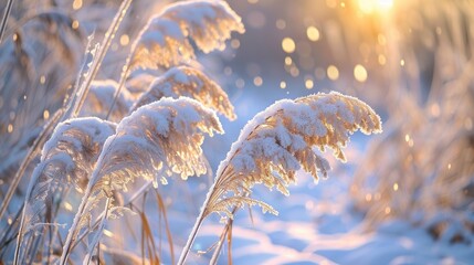 Abstract photo of snow covered dry reed in winter sunlight