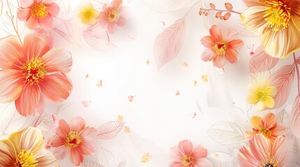 Abstract pink and yellow flowers with pink frame and white orange leaves on a white backdrop