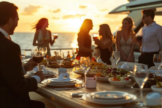 A sophisticated dinner party aboard a yacht at sunset, with friends gathered around a lavishly set table, toasting and enjoying food and drink in an elegant setting.