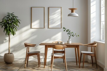 Scandinavian Dining Room with Simple Table and Chairs: A minimalist dining room mockup with a clean, Scandinavian-style table and chairs.
