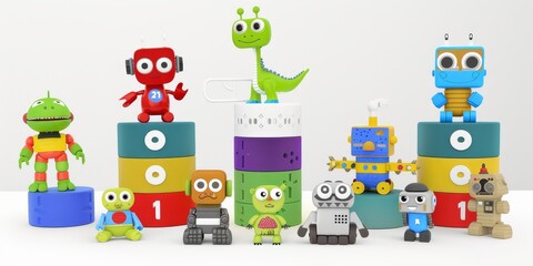 Colorful collection of robot and dinosaur toys, providing fun and entertainment for kids with a variety of playful and cute figures