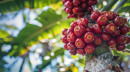 Abundance of crimson fruit on the palm tree