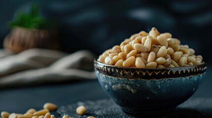 Abundance of pine nuts against dark backdrop