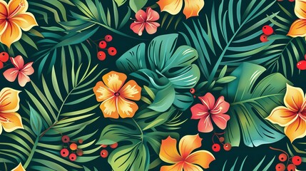 Naklejka premium Seamless tropical pattern with vibrant flowers and lush foliage