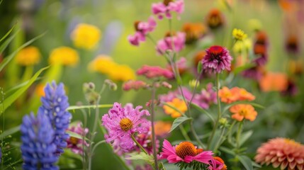 Fototapeta premium Abundance of summer flowers in the backdrop