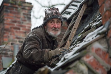 Obraz premium Chimney sweep on a ladder, preparing to clean a chimney on a traditional brick house. The worker's equipment, including brushes and a soot bag, is visible, showcasing the tools of the trade. The