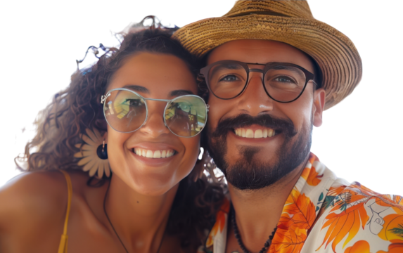 Happy Couple Wearing Sunglasses and a Straw Hat on a Sunny Day