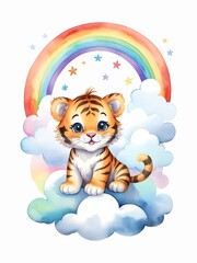 Cute tiger cub sitting on the cloud with rainbow and starry in the sky. Watercolor illustration for design, artwork, template, story book, nursery decor, wallpaper