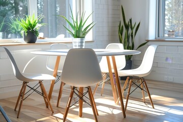 Fototapeta premium Simple Breakfast Nook with Clean Table and Chairs: A minimalist breakfast nook mockup featuring a clean table and chairs.