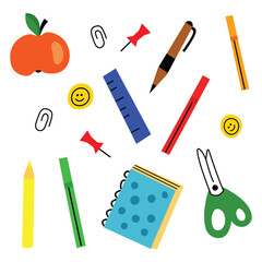 Colorful collection of school supplies doodle flat illustration set