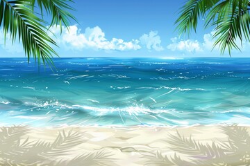 Fototapeta premium Crystal clear ocean water and sandy beach serene coastal view vibrant summer scene inviting beach setting peaceful retreat bright sunny day