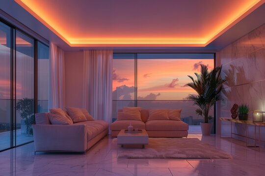 Living Room with Minimalist Furniture and Soft Lighting: A minimalist living room mockup with clean furniture and soft lighting.