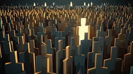 A single wooden figure stands out against a background of blurred figures, symbolizing the concept of individuality