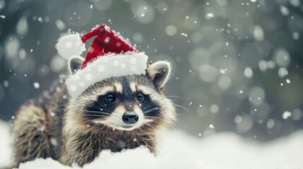 Cute Raccoon in Santa Hat Enjoying Snowy Winter Wonderland