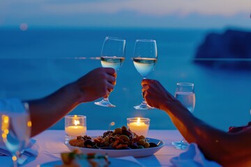 A couple raises their wine glasses in a toast during a candlelit dinner with a captivating sea view, highlighting a special moment of romantic connection and fine dining.