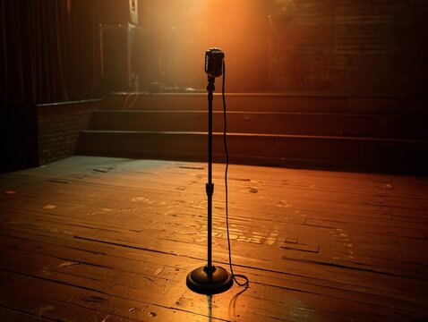 4. A detailed shot of a microphone stand positioned on an empty stage, with the stage lights casting a warm glow and the texture of the floorboards adding depth to the scene