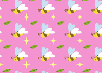 pattern with  bee cartoon on pink background. Bee cartoons and daisy icon sign vector illustration.