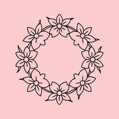  A circular black and white outline drawing of a floral wreath.